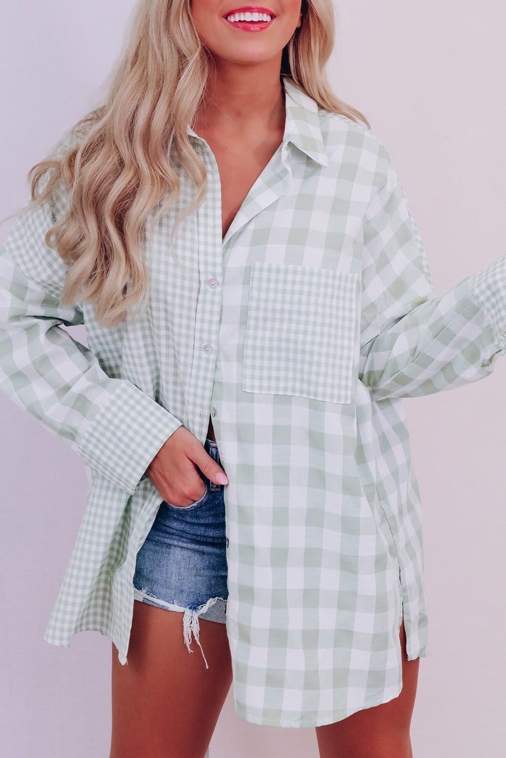 Sky Blue Mix Checked Patchwork Long Sleeve Shirt