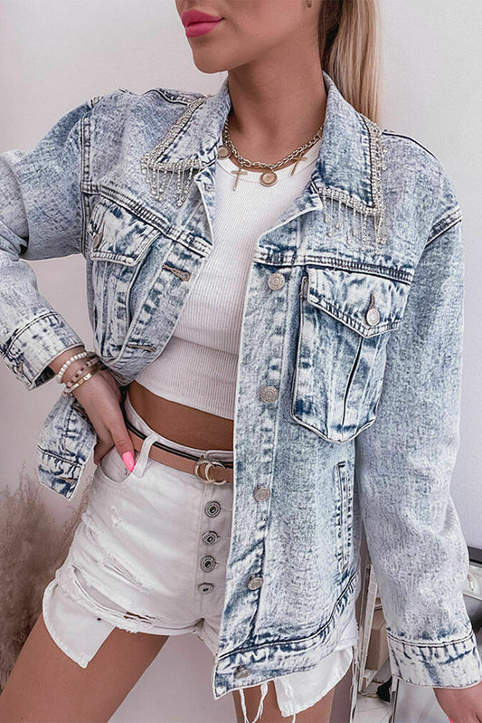 Mist Blue Retro Rhinestone Fringed Collar Light Wash Denim Jacket