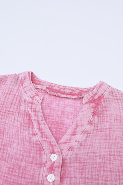 Top Henley Solto com Textura Rosa Crinkle