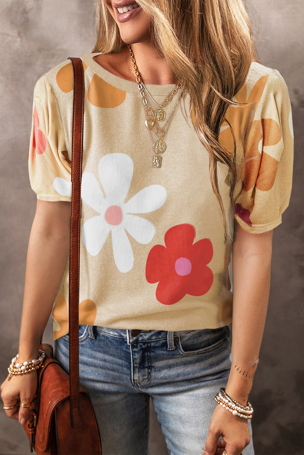 Camiseta manga bolha com estampa de flor rosa