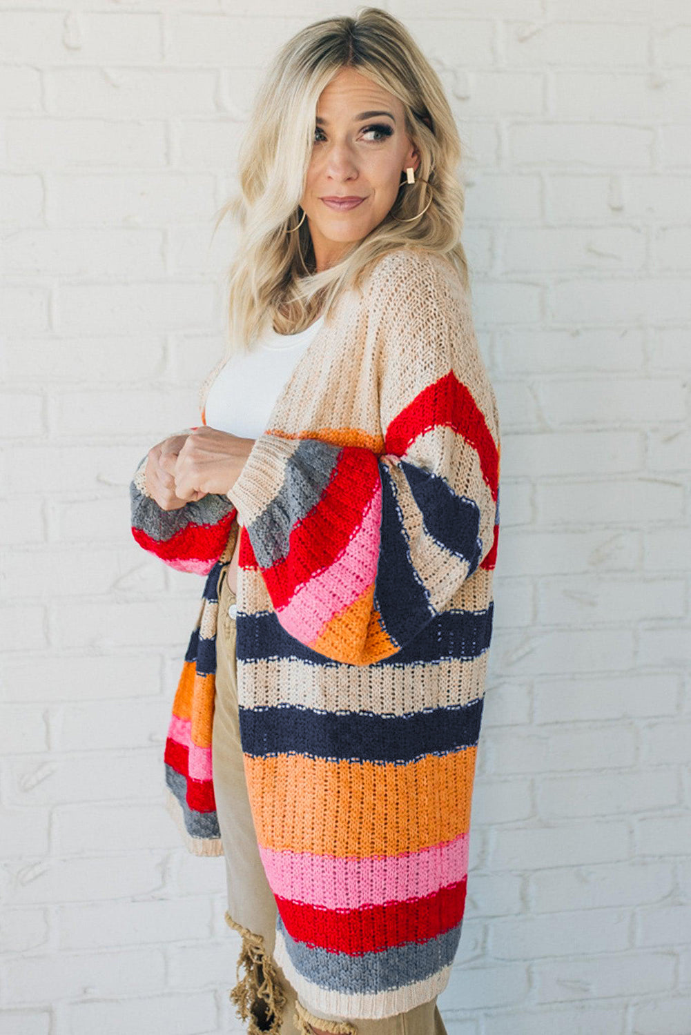 Stripes Knitted Balloon Sleeve Open Cardigan