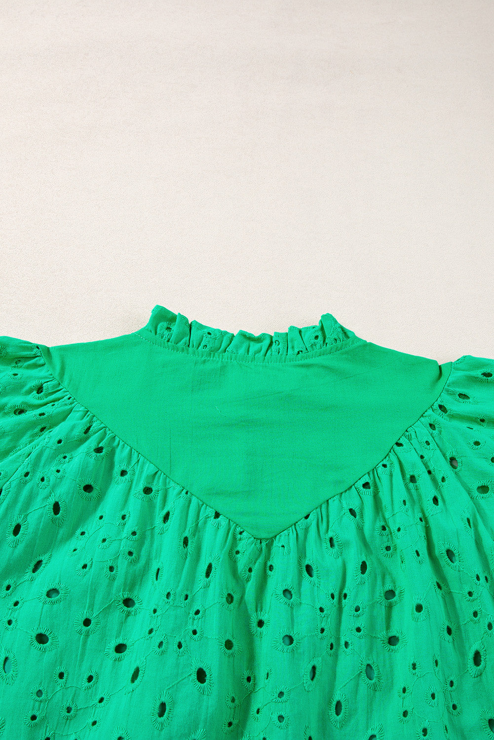 Green Flower Embroidered Hollow-out Puff Sleeve Blouse