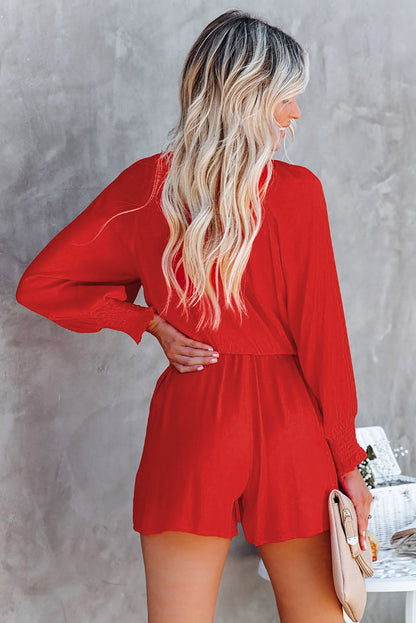 Fiery Red Tie Knot Puff Long Sleeve Romper