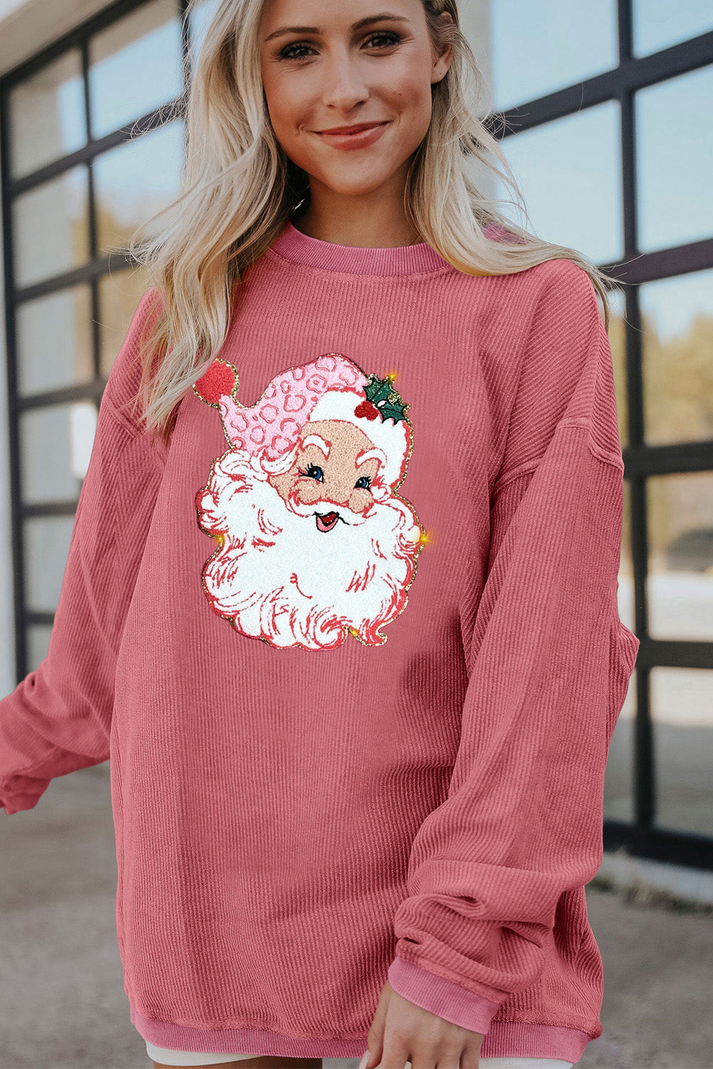 Strawberry Pink Santa Claus Sparkle Corded Crew Neck Sweatshirt