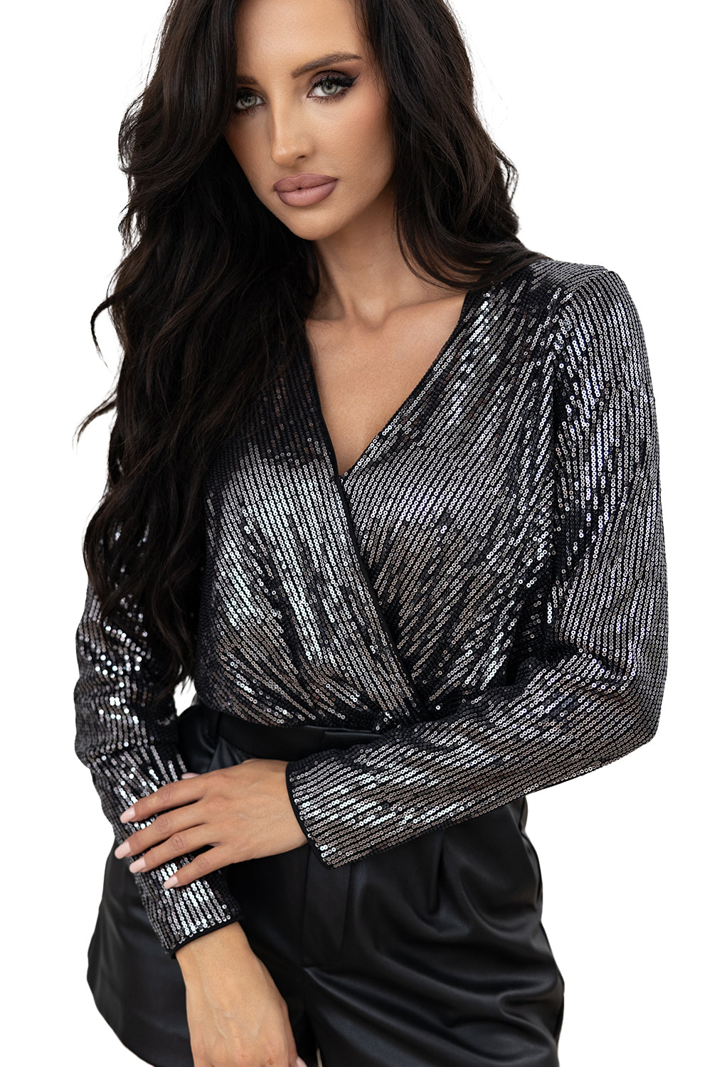 Black Sequin Mesh Long Sleeve Surplice Neck Bodysuit