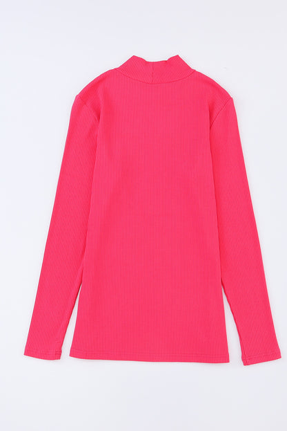 Rose Ribbed Knit High Neck Long Sleeve Top