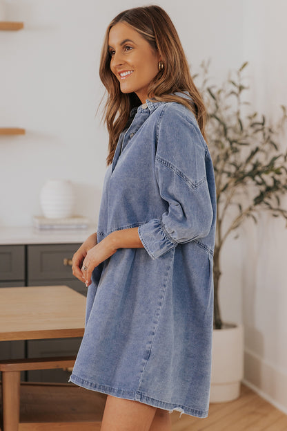 Mini-robe en jean boutonnée grise à manches longues