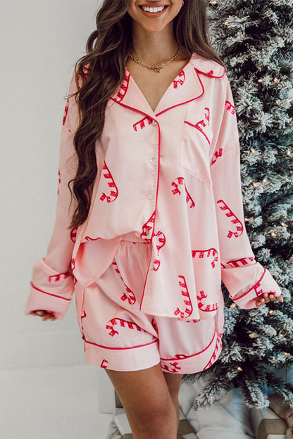 Green Christmas Candy Cane Print Shirt and Shorts Pajama Set