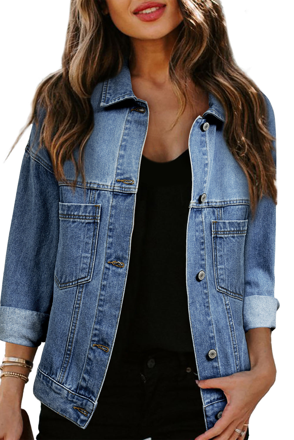 Blue Stripe Washed Oversize Pocketed Denim Jacket