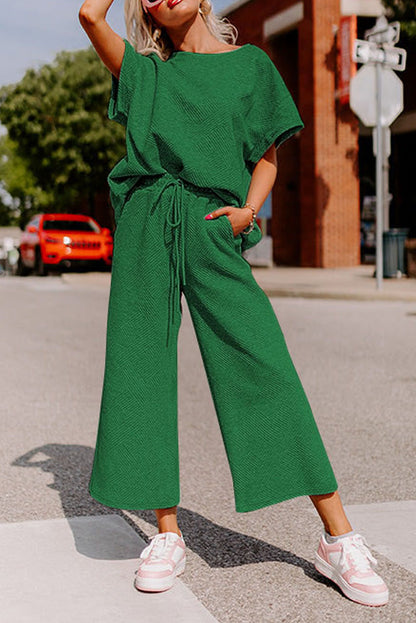 White Textured Loose Fit T Shirt and Drawstring Pants Set