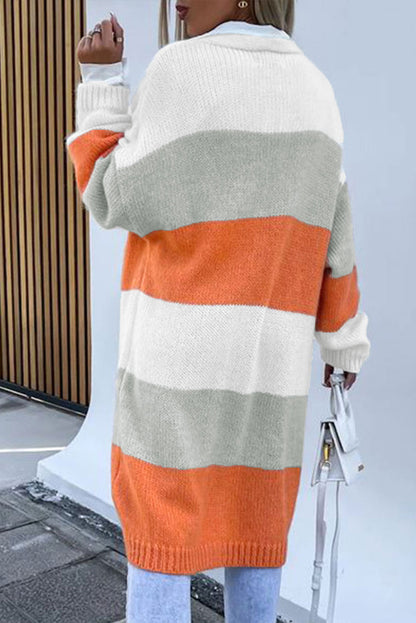 Cardigan mi-long rayé orange à épaules tombantes et blocs de couleurs