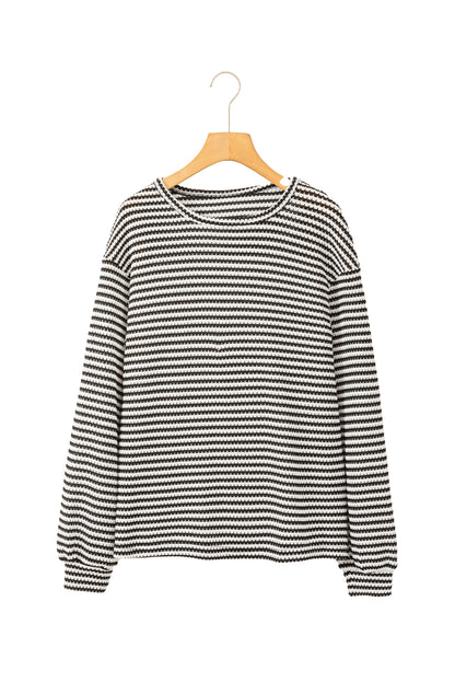 Black Stripe Round Neck Drop Shoulder Long Sleeve Top