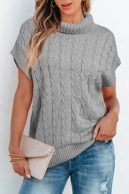 Pull à col roulé et manches chauve-souris en tricot torsadé gris moyen