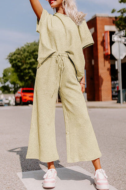 White Textured Loose Fit T Shirt and Drawstring Pants Set