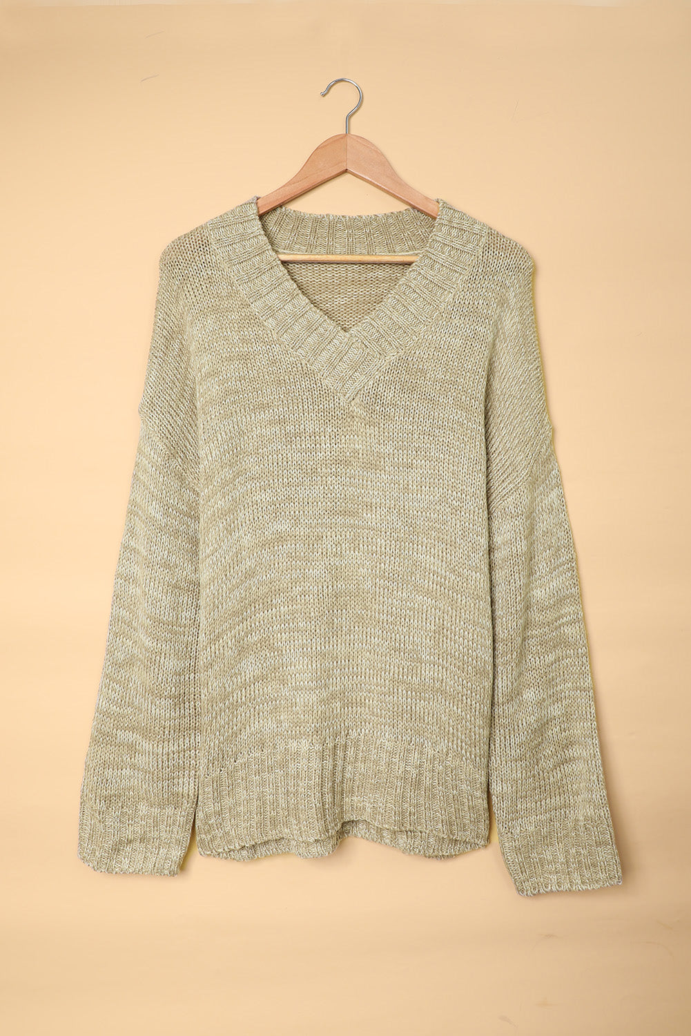 Gray V neck Drop Shoulder Knitted Sweater