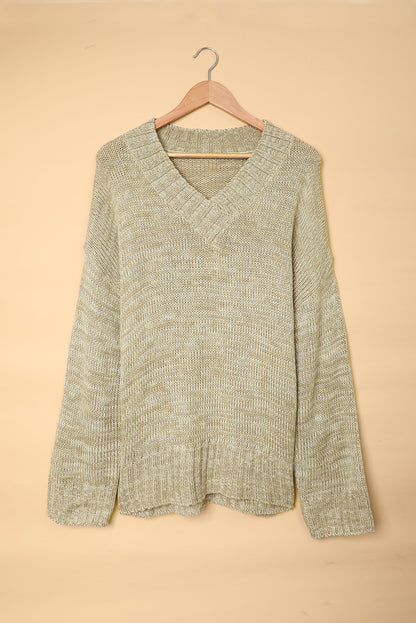 Gray V neck Drop Shoulder Knitted Sweater