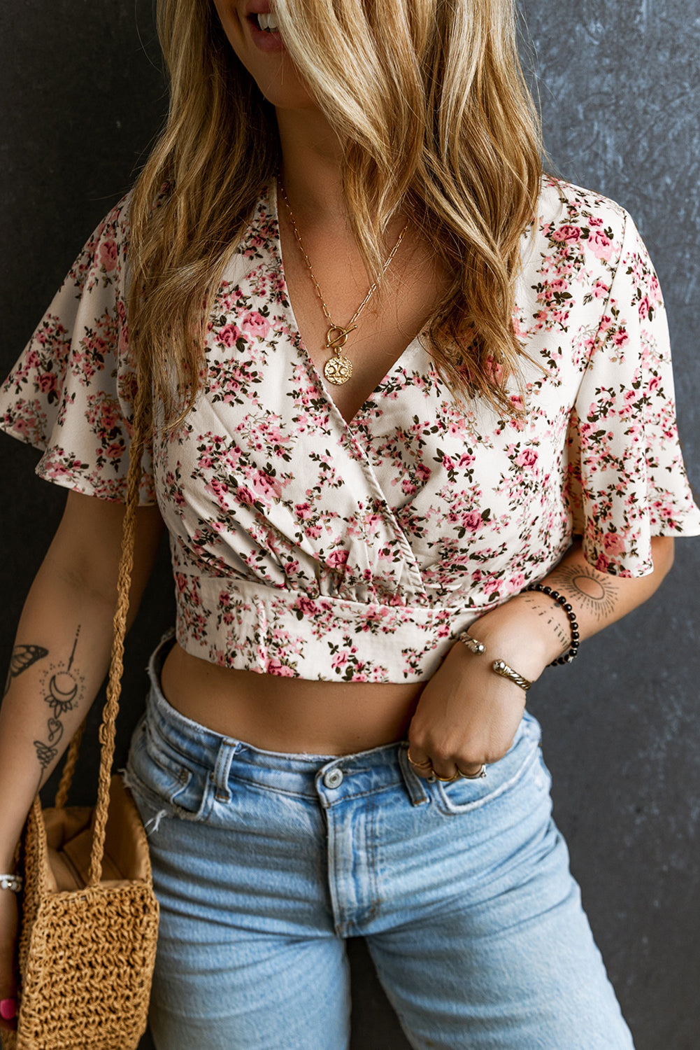 Pink Floral Print V Neck Wrapped Cropped Blouse