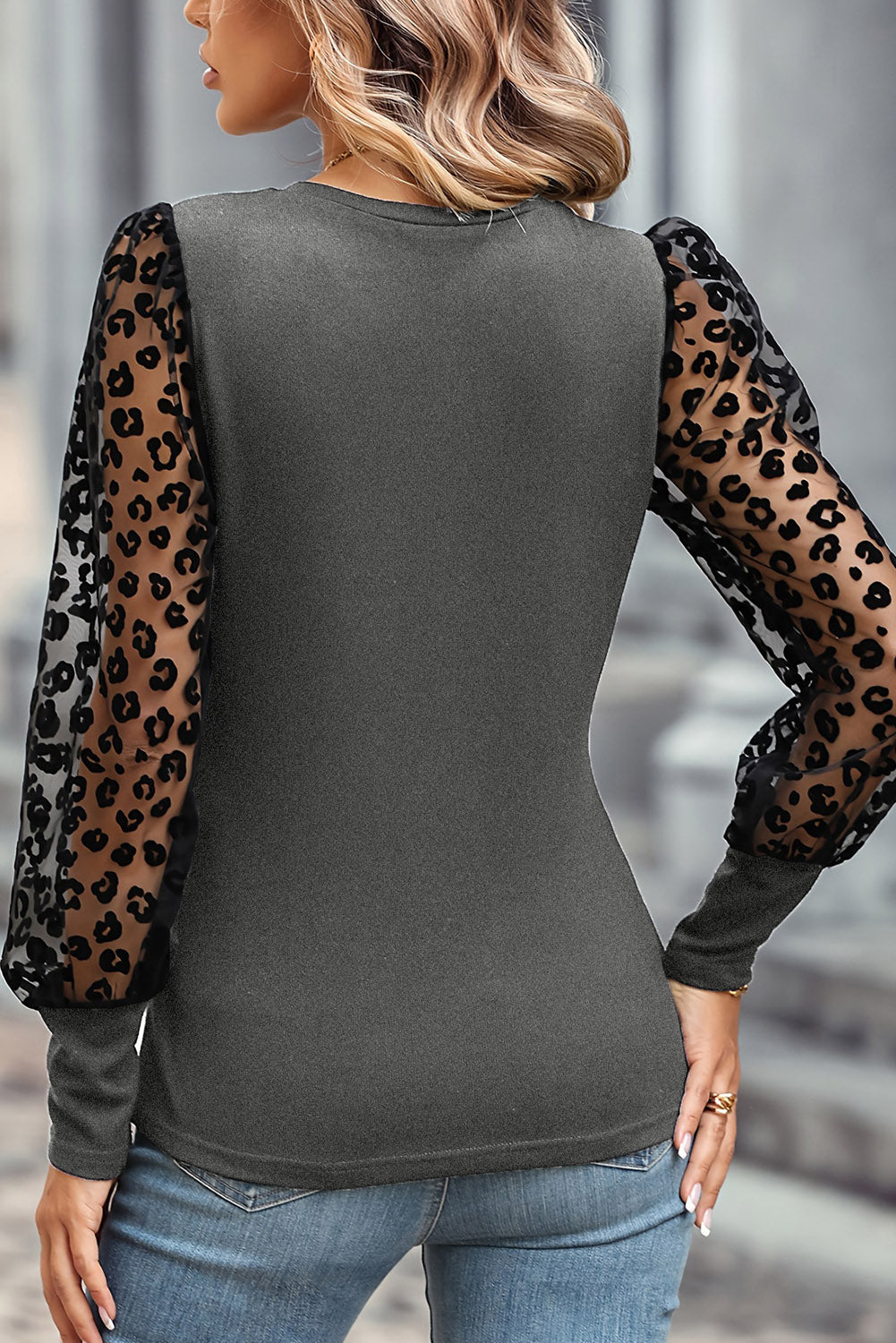 Black Leopard Mesh Puff Sleeve Patchwork Slim Fit Top