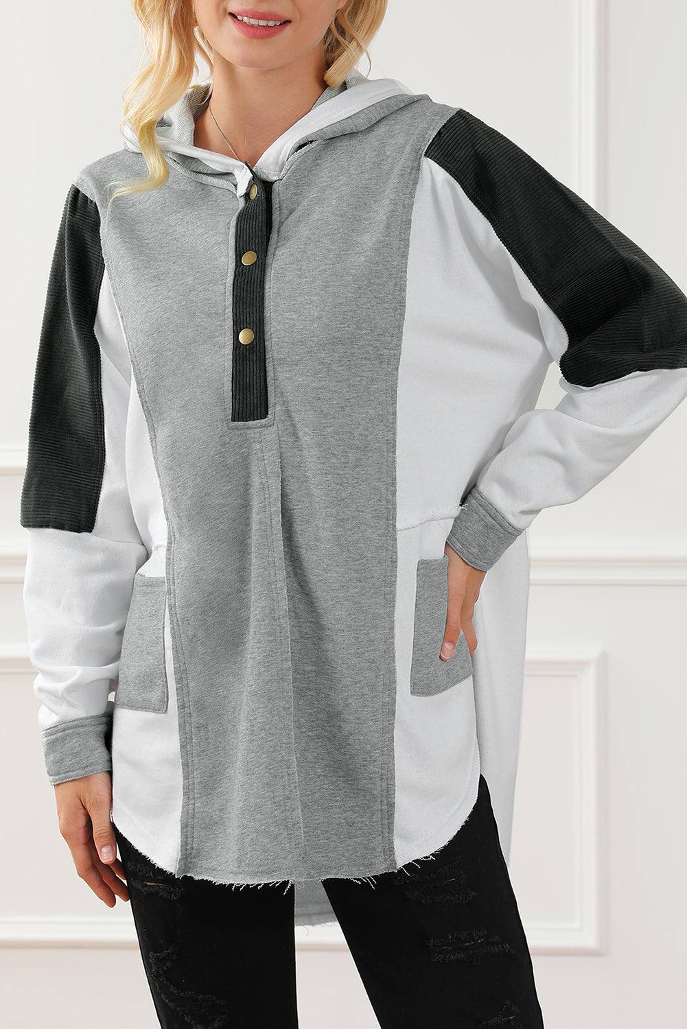 Black Color Block Exposed Seam Buttoned Neckline Hoodie