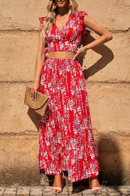 Black Multicolor Floral Ruffled Crop Top and Maxi Skirt Set