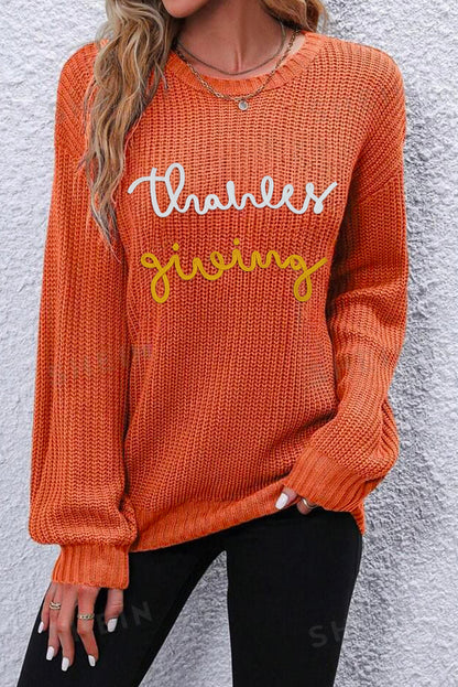 Gold Flame Thanks Giving Letter Graphic Crew Neck Sweater