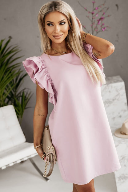 Pink Round Neck Ruffle Shift Mini Dress