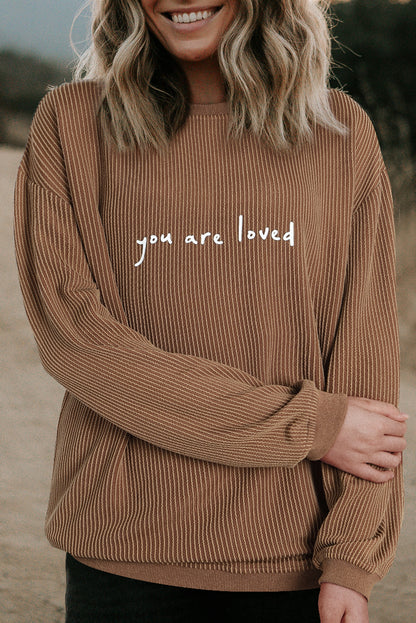 Blackish Green You Are Loved Print Corduroy Sweatshirt