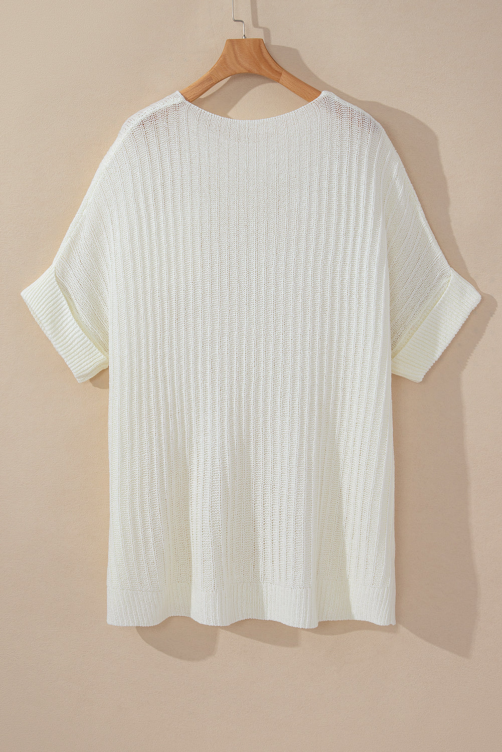 White Rolled Cuffs Loose Knit Tee with Slits