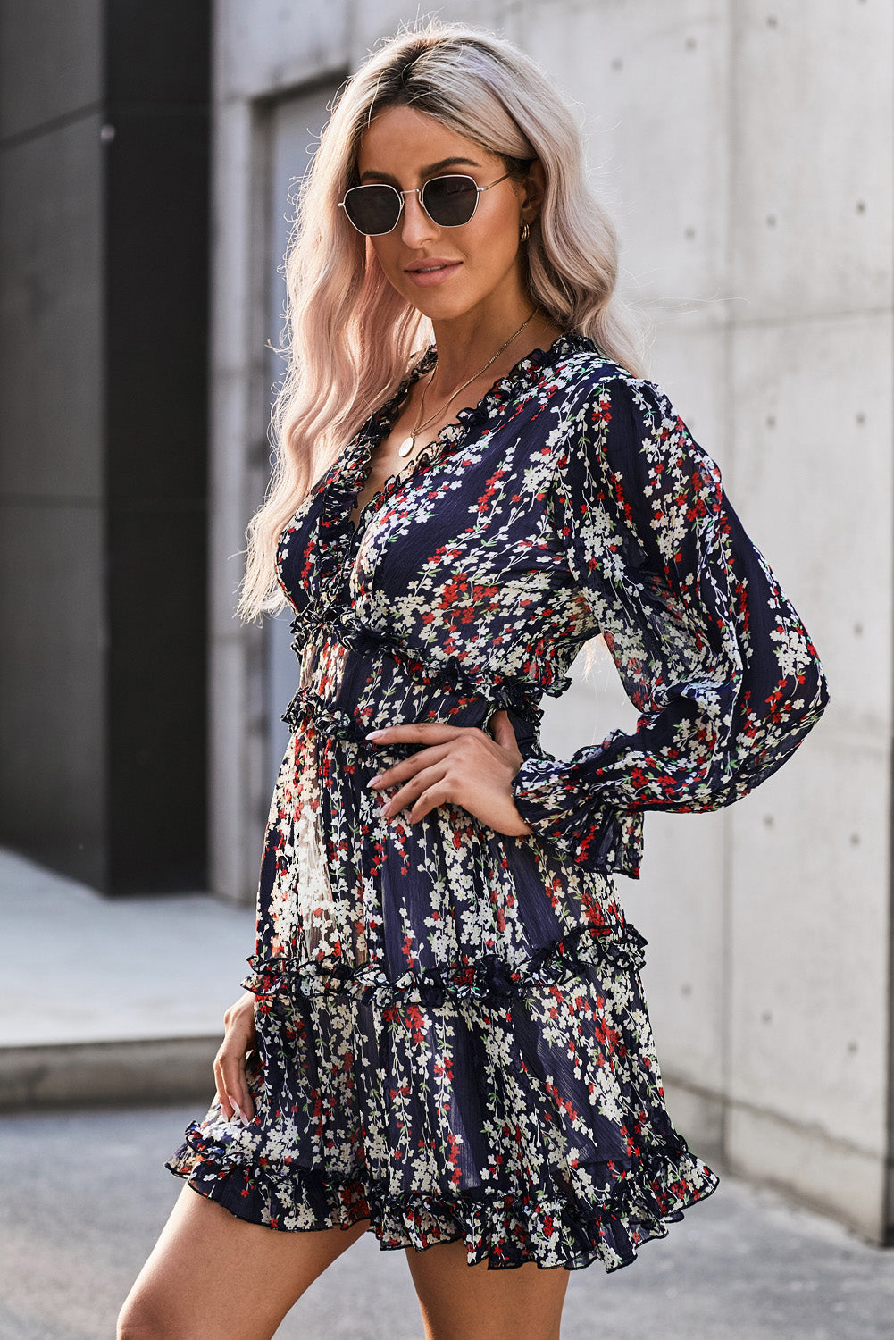 Fiery Red Ruffle Detailing Open Back Floral Dress