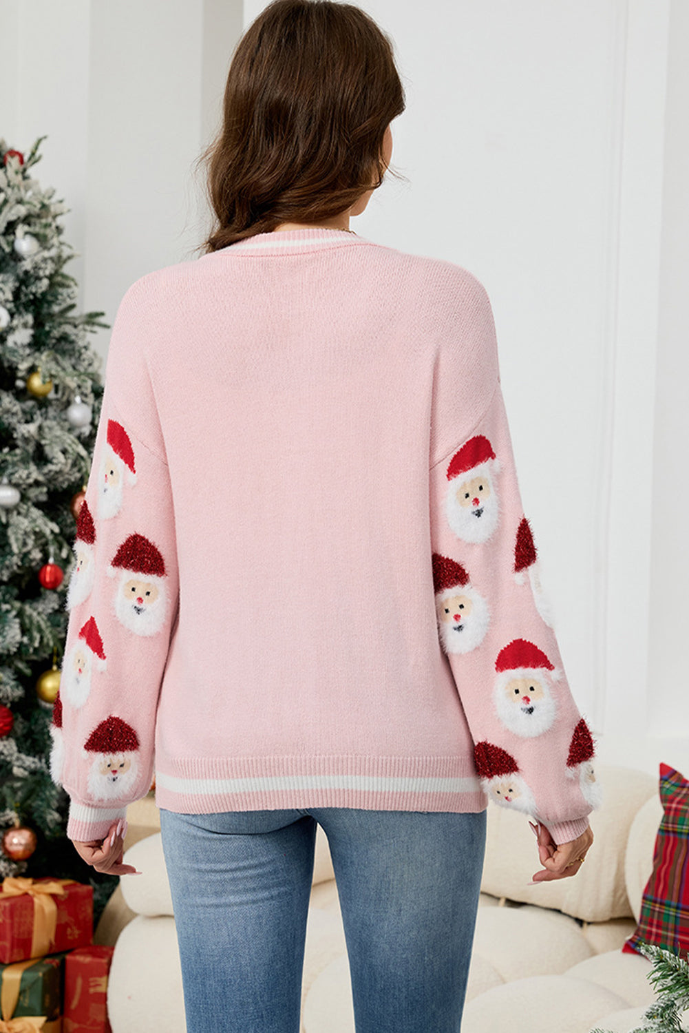 Black Christmas Santa Claus Pattern Button V Neck Sweater Cardigan
