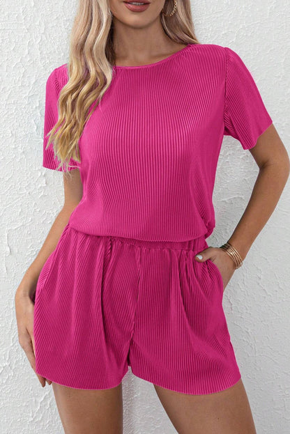 Conjunto curto casual rosa brilhante plissado de duas peças