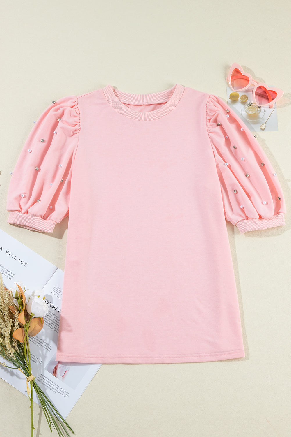 Top de meia manga com strass pérola rosa claro