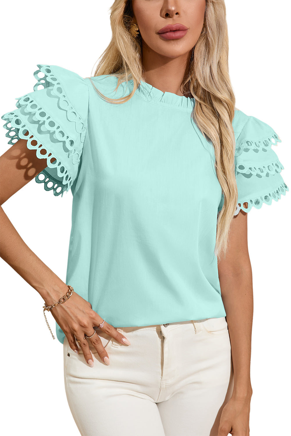 Blusa Beau Blue em camadas Ric Rac com manga e gola cheia