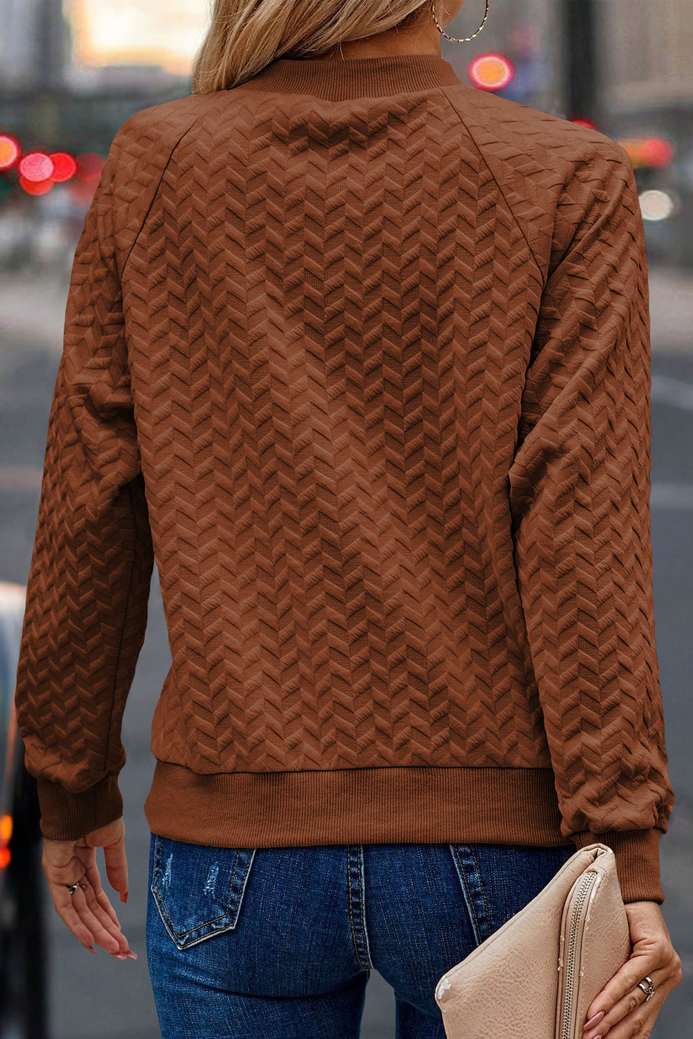 Sweat-shirt à manches raglan texturé uni marron