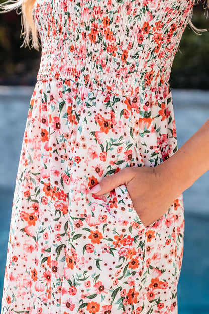 Vestido maxi branco boho floral com babados e babados