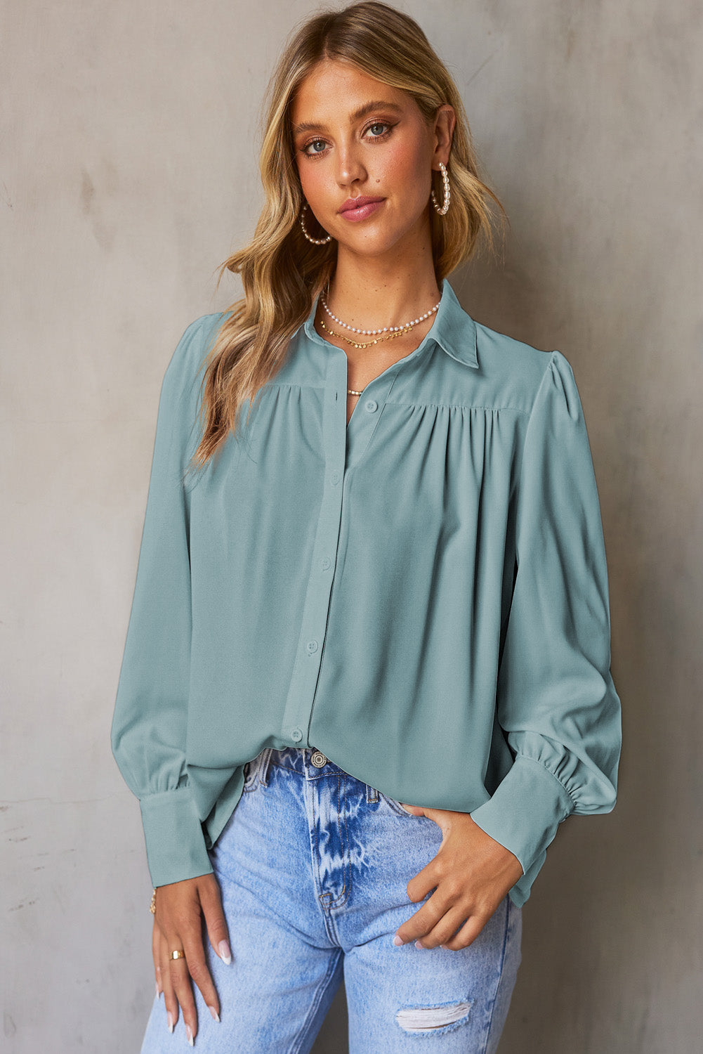 Sky Blue Solid Color Button Up Puff Sleeve Blouse