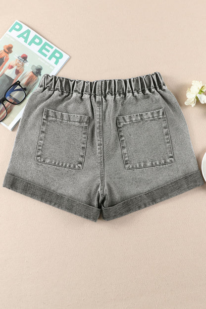 Short en jean taille haute gris avec poches et cordon de serrage