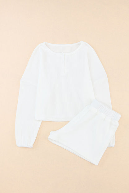 White Waffle Knit Buttoned Long Sleeve Crop and Shorts Lounge Set