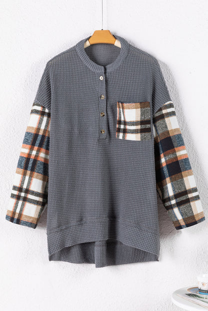 Dark Grey Loose Plaid Patchwork Textured Knit Henley Top