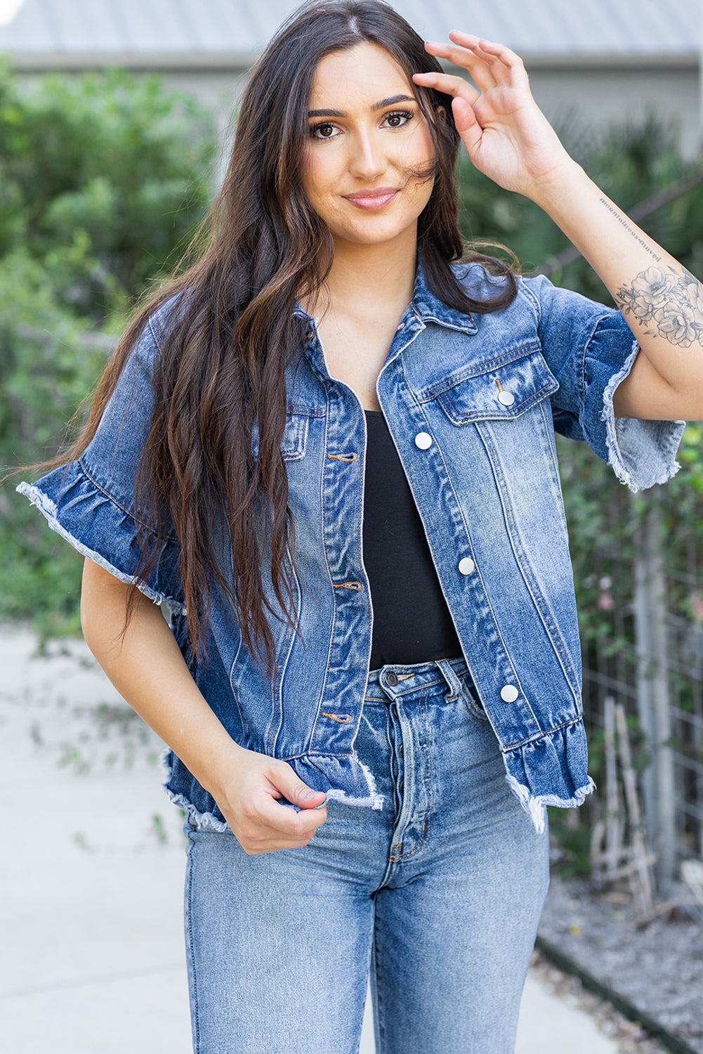 Black Raw Edge Ruffled Short Sleeve Denim Jacket