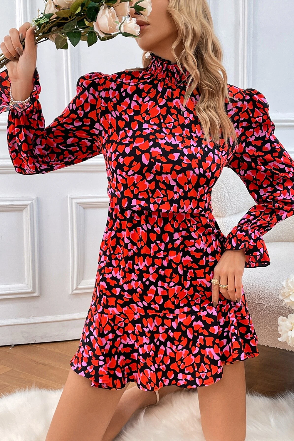 Red Valentines Day Heart Shape Print Long Sleeve Mini Dress - Posh Discount