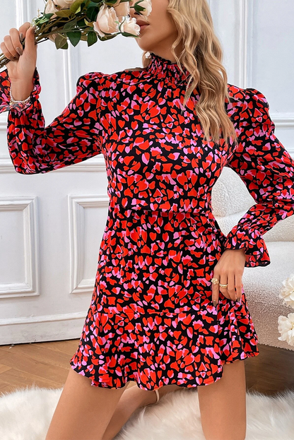 Red Valentines Day Heart Shape Print Long Sleeve Mini Dress - Posh Discount