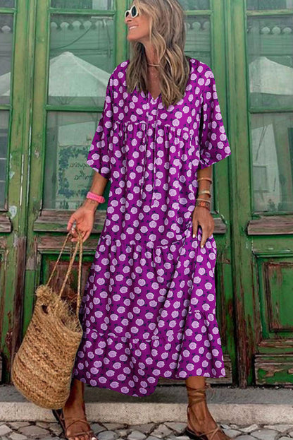 Vestido Maxi Roxo Boho Estampado Manga Puff