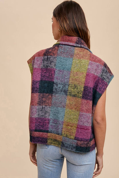 Multicolor Plaid Print Side Pockets Zipped Loose Vest