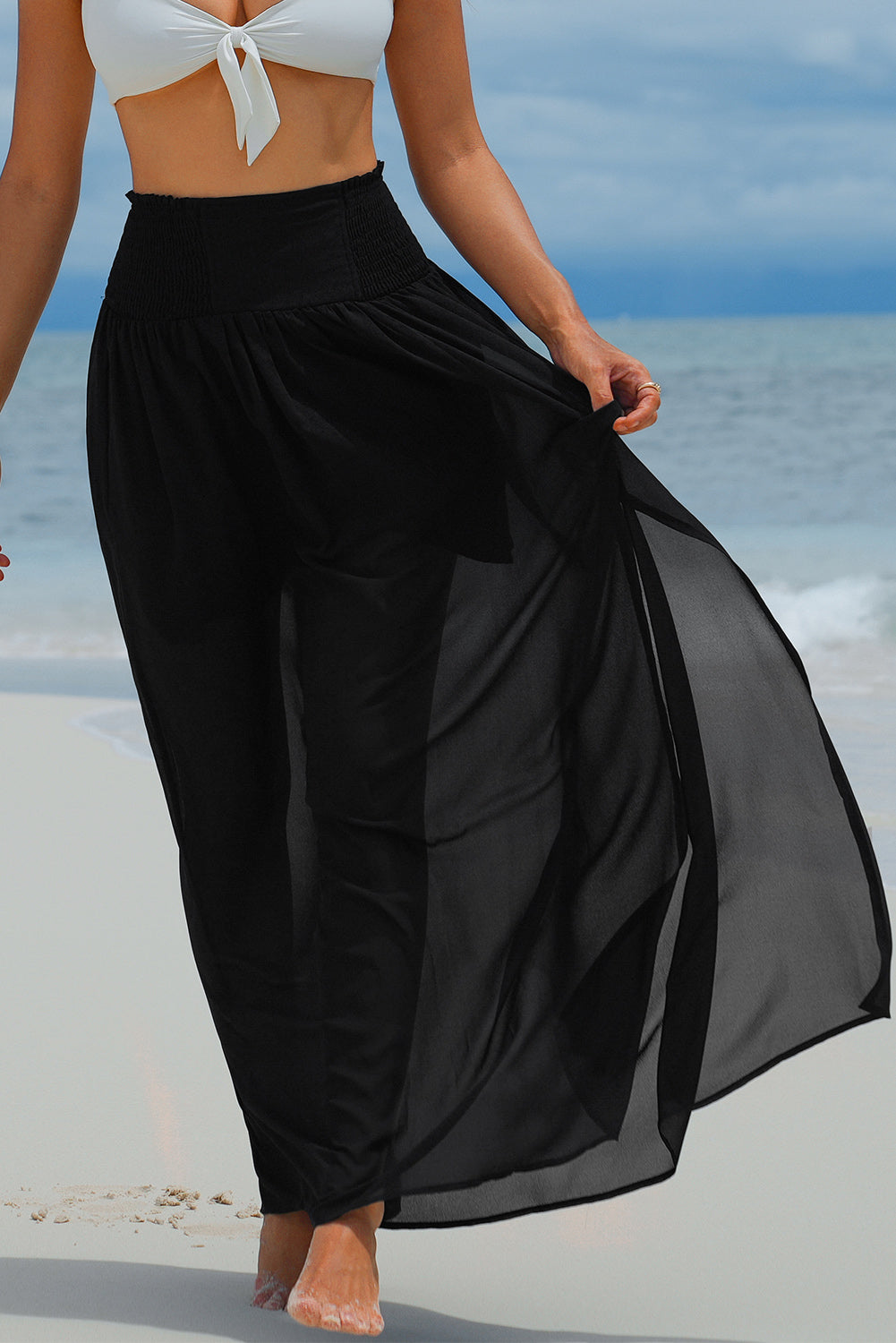 Black Shirred High Waist Chiffon Split Beach Maxi Skirt