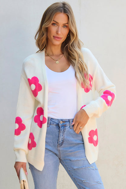 Cardigan frontal aberto com padrão de flor rosa vermelha