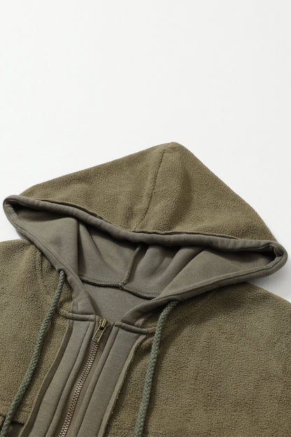 Gray Flap Pocket Drawstring Hood Zip Up Jacket