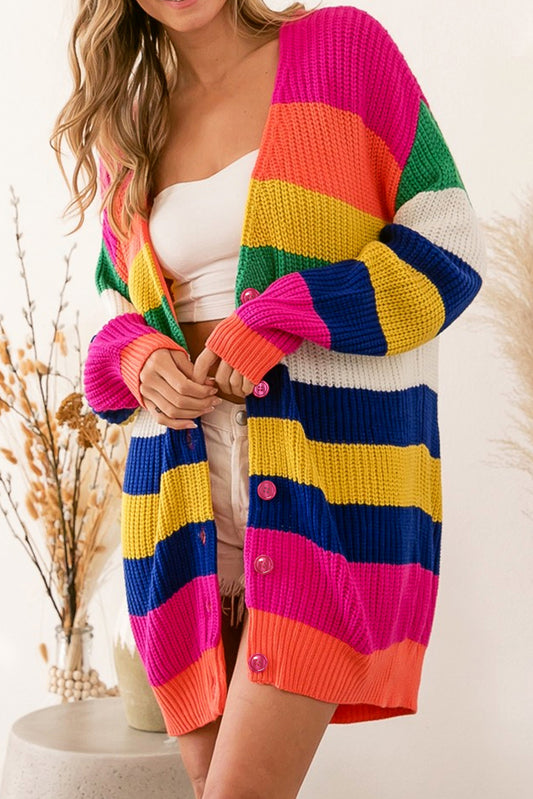 Cardigan espinhel com estampa listrada multicolorida