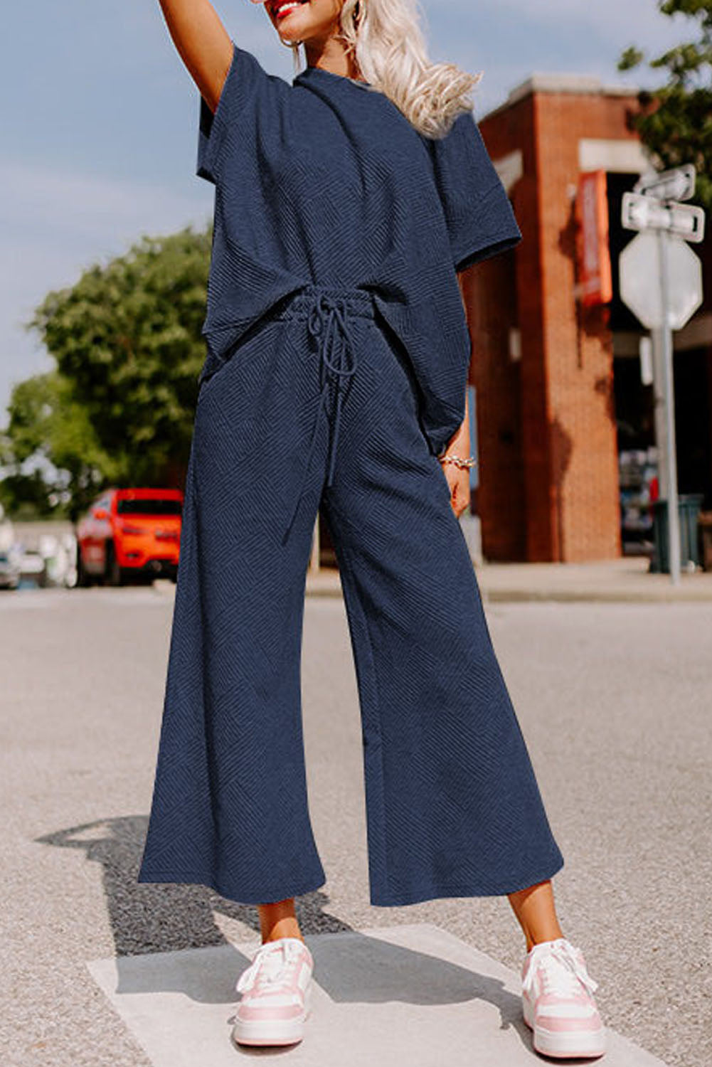 White Textured Loose Fit T Shirt and Drawstring Pants Set