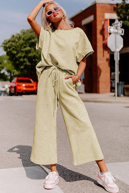 White Textured Loose Fit T Shirt and Drawstring Pants Set